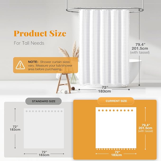 Boho Long Shower Curtain, 72x78 Inch Long Linen Ultra Thick Fabric Shower Curtain Set with Plastic Hooks, Tall Modern Farmhouse Country Neutral Textured Cloth Shower Curtains for Bathroom, White | Long Size, 330GSM Linen Blend, 3-side Tassels, Water Re...