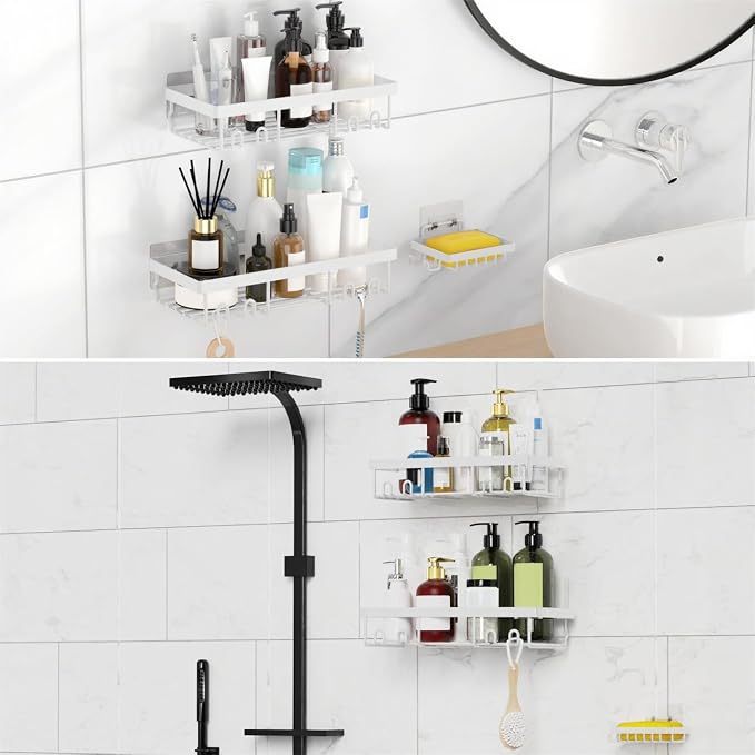 Moforoco 3-Pack Shower Caddy Basket Shelf with Soap Holder, No Drilling Traceless Adhesive Shower Wall Shelves, Rustproof Black Bathroom Shower Storage Organizer