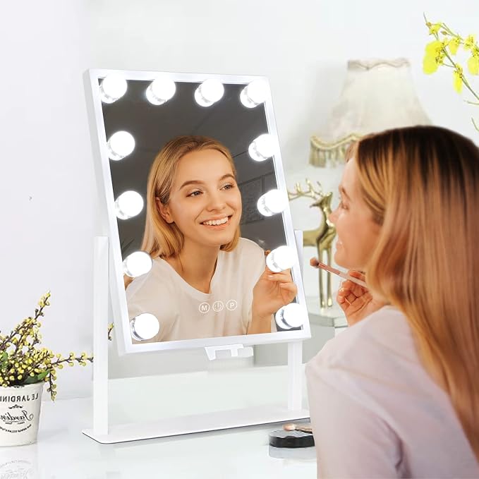 BWLLNI Vanity Mirror with Lights, Hollywood Lighted Makeup Mirror with Phone Holder, Smart Touch Control, 3 Color Lighting Modes, Detachable 10X Magnification, 360°Rotation(White) | Hollywood Smart Touch Control, 3 Color Lighting Modes, Detachable 10X ...
