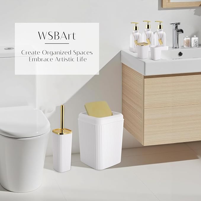 17PCS Bathroom Accessory Set Bathroom Set White and Gold Bathroom Accessories,Toilet Brush, Trash Can, Qtip Holder Dispenser& 3PCS Soap Dispenser