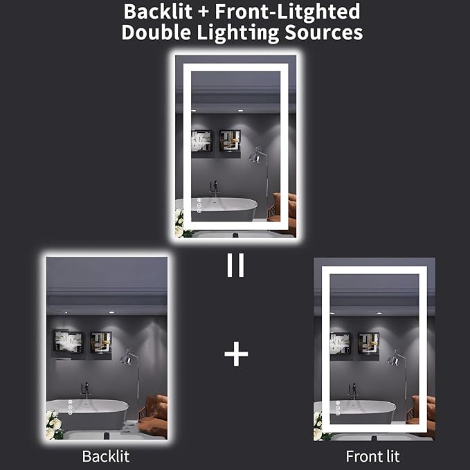 LOAAO 24"X36" LED Bathroom Mirror with Lights | Anti-Fog, Dimmable, 3 Color Temperature, Backlit + Front Lit, Memory Function, Tempered Glass, UL Listed