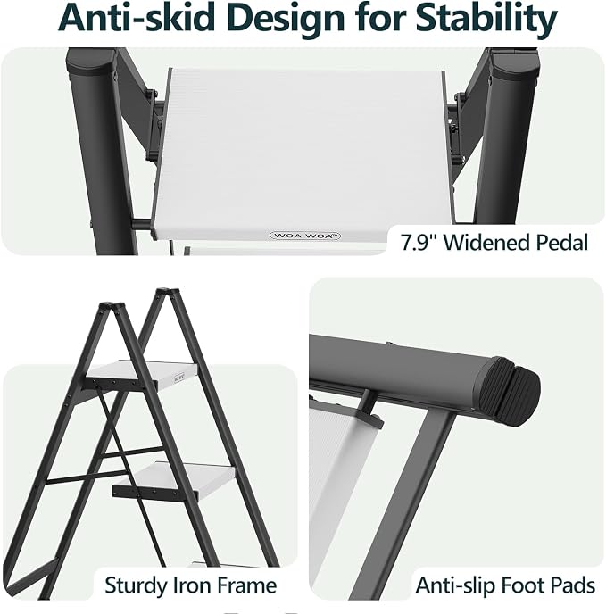 3 Step Foldable Step Stool, 300lbs Load, Black & White | Folded 35''H x 3''T; Net 9.9 lbs; Non-Slip Feet: Wood/Tile/Carpet; Rigid Aluminum Steps; No Assembly; Ready From Box.