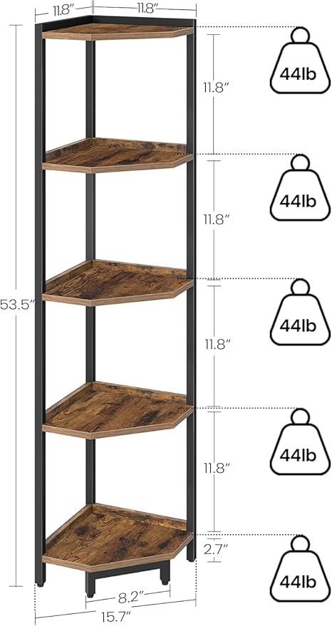 Hzuaneri Corner Shelf Stand 5-Tier Corner Bookshelf Storage Standing Shelf | Bookcase Plant Stand with Metal Frame for Living Room, Home Office, Bedroom, Black CS05901B