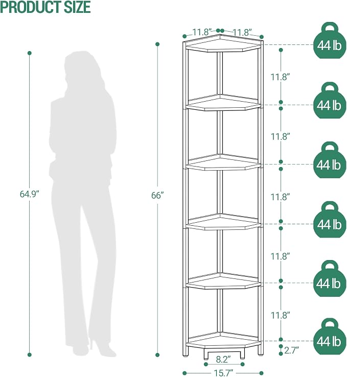 Hzuaneri Corner Shelf Stand 6-Tier Corner Bookshelf Storage Standing Shelf | Bookcase Plant Stand with Metal Frame for Living Room, Home Office, Bedroom, Greige CS06005B