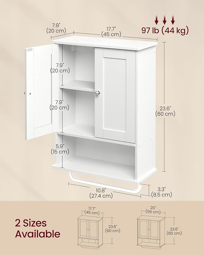 VASAGLE Siren Collection Bathroom Wall Cabinet, Hanging Storage | Bathroom storage cabinet, towel rod, farmhouse, adjustable shelf, doors, 7.9 x 17.7 x 23.6 Inches, UBBK148WB01S