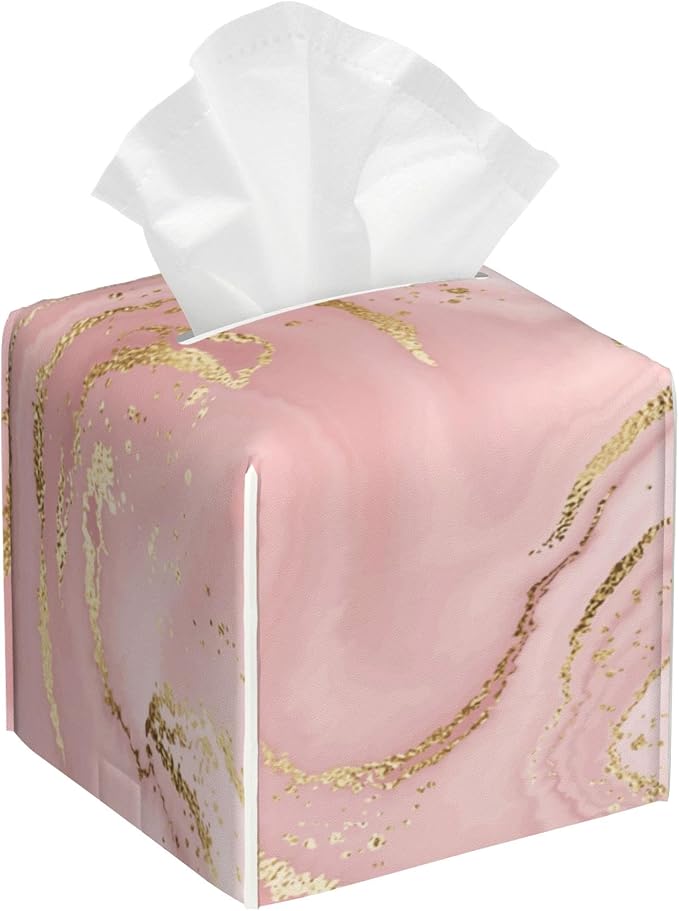Pink Marble Tissue Box Cover Square,Tissue Box Holder with Belt Bottom,Stylish Leather Napkin Holder for Vanity Countertop,Nightstands,Office Desk,5.2"×5.2"×5.2"