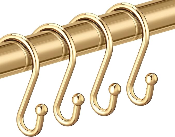 Gold Shower Curtain Rings Hooks, Set of 12 CHICTIE Decorative Shower Curtain Hooks, Premium Metal Rust Resistant S Shaped Hooks Hangers for Bathroom Curtains,Clothing, Towels, etc