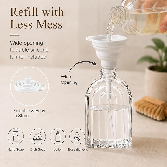 2 Pack Arch Glass Soap Dispenser with Acacia Wood Tray, 11oz Clear Rainbow Decorative Hand Soap Dispenser with Rustproof Pump, Refillable Liquid Dispenser for Bathroom, Kitchen, Countertop