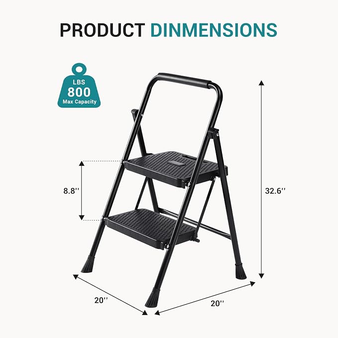 OLIXIS 2 Step Ladder, 800lbs Foldable Step Stool with Anti-Slip Pedal | Heavy Duty Portable Stepping Stool with Sturdy Steel Ladder & Comfortable Handrail, for Kitchen, Garage, Outdoor Use - Black