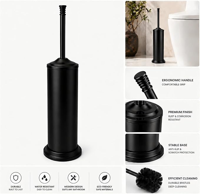Black Toilet Brush and Holder Set，Extra Long Handled Toilet Bowl Brush and Holder，Stainless Steel Heavy Duty Toilet Brush for Bathroom,Deep Cleaning Modern Toilet Cleaner Slip Base
