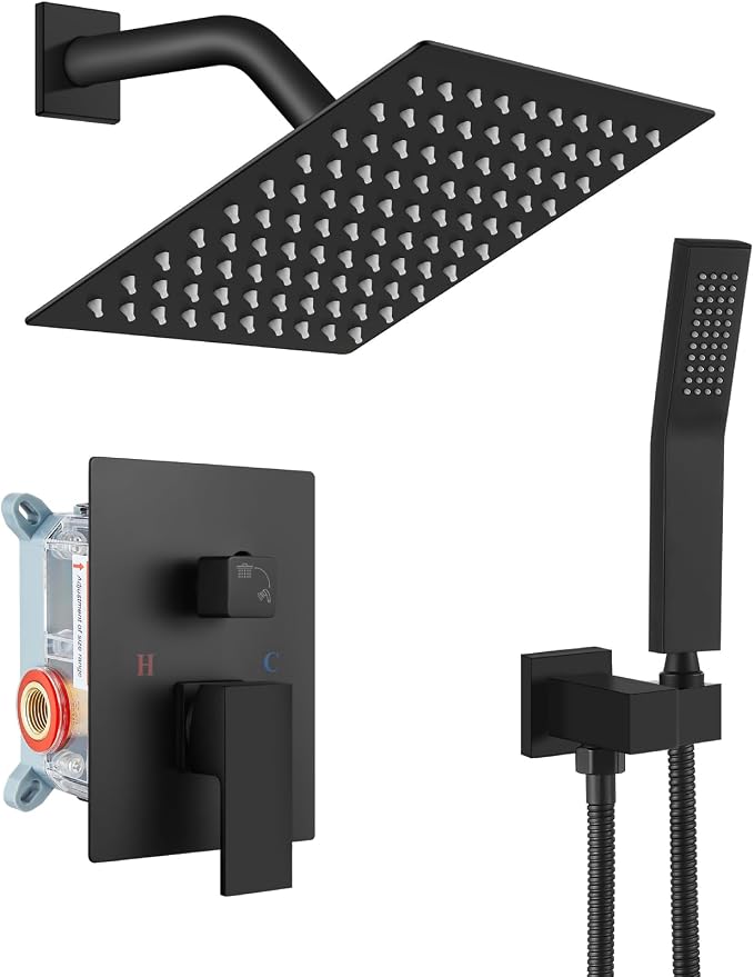 gotonovo Shower Faucet Set with Handheld Spray Matte Black,8'' Head | SUS304 Rainfall Shower Head and Handle Set System Fixture,Pressure Balance Valve Trim Kit,Single Handle,Wall Mount,All Metal