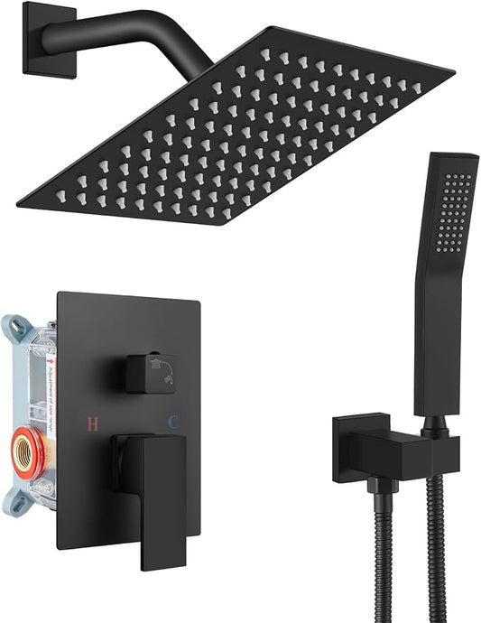 gotonovo Shower Faucet Set with Handheld Spray Matte Black,8'' Head | SUS304 Rainfall Shower Head and Handle Set System Fixture,Pressure Balance Valve Trim Kit,Single Handle,Wall Mount,All Metal