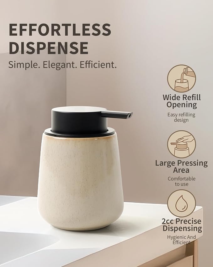 BosilunLife Ceramic Soap Dispenser - Dish Soap Dispenser for Bathroom 12Oz | Refillable Liquid Hand Wash Dispenser for Essential Oil, Lotion Soap, Greige with Speckle