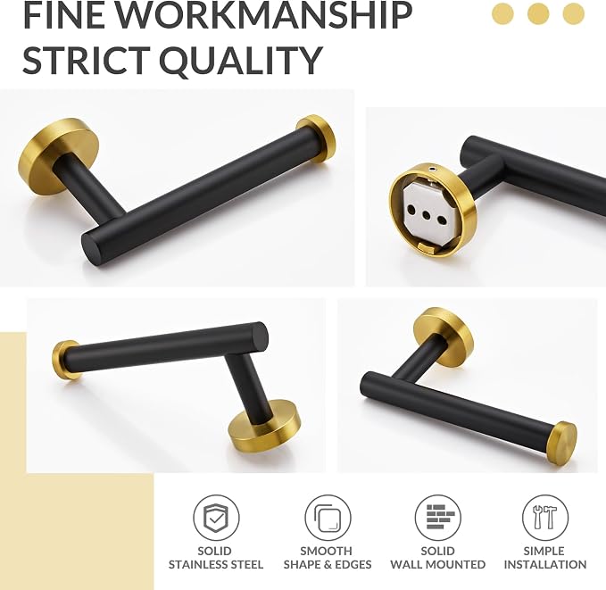 Toilet Paper Holder, Black & Gold, 304 Stainless Steel | Open-Side Roll Access, Raised End Stop, Space-Saving Design, Modern Bathroom Refresh, Small Bath & Guest Bath Use