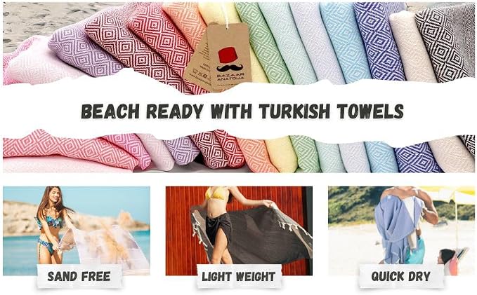 Turkish Beach Towel, 100% Cotton, 71x39 in, Diamond Beige
