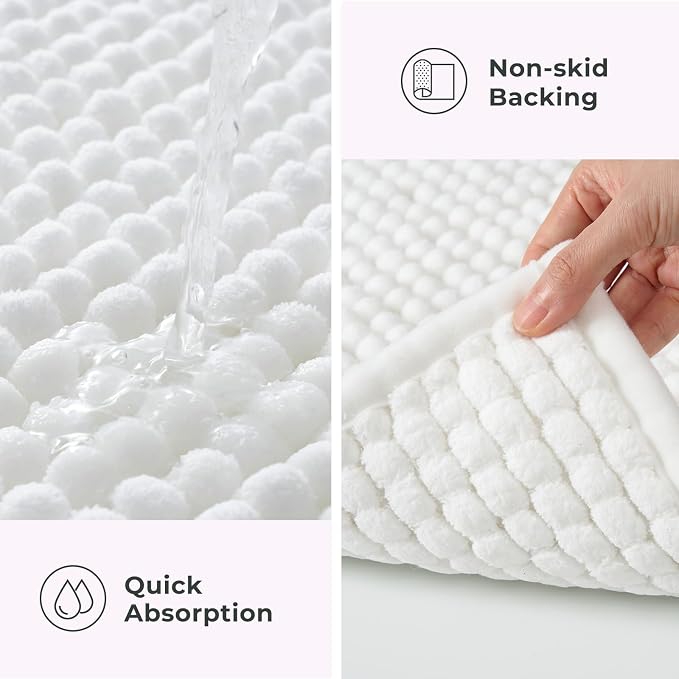 FRESHMINT Thick Chunky Chenille Bathroom Rug, Bright White, 24"x36" | Non-Slip Backing, Water Absorbent Surface, Machine Washable Care, Cushioned Comfort, Bathroom Floor Use
