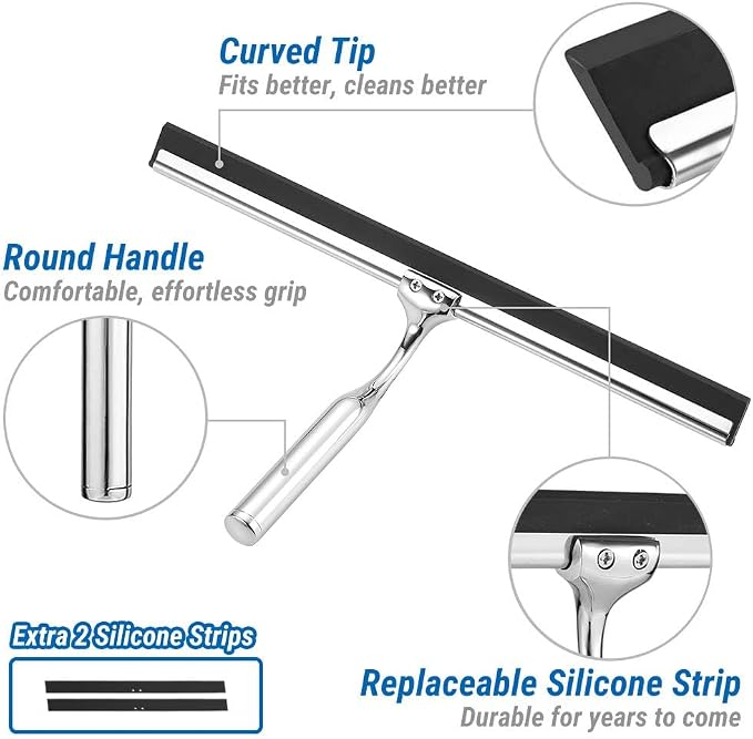 ecooe Shower Squeegee for Glass Doors,12" Large Shower Glass Cleaner | Silicone Blade with Stainless Steel Core, Streak-Free Wiper with Hanger for Bathroom, Kitchen, Car Windows & Mirrors, Siliver