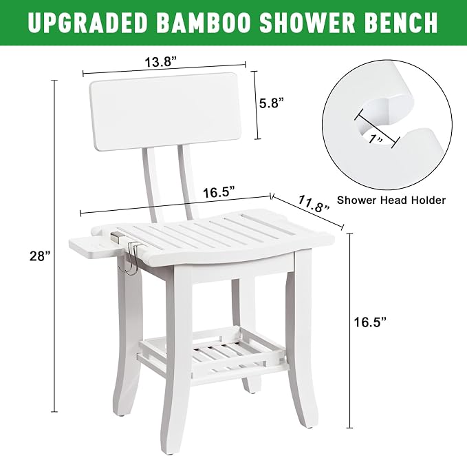 Bamboo Shower Chair for Inside Shower Elderly Disabled, White | Two-Tier Shower Bench with Storage Shelf, Soap Dish, Shower Head Holder, Watrerproof Shower Seat for Adults Pregnant