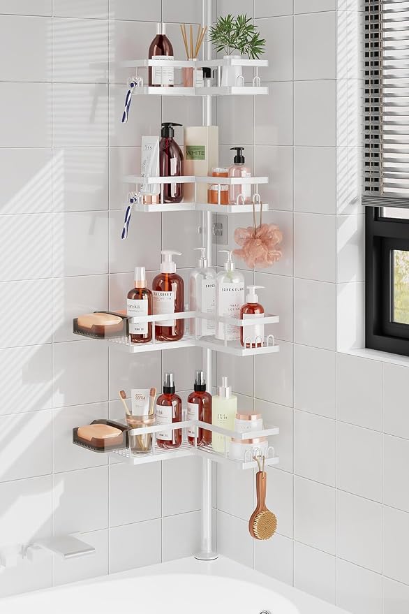 Corner Shower Caddy Tension Pole, 25.7-109.1in Adjustable Shower Shelves, Rust-Resistant Shower Organizer, No-Drill 3-Step Installation, Bathroom Shelves for Renters & Family, White