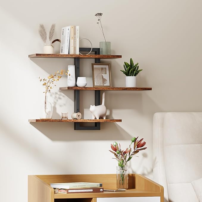 Floating Shelves for Wall, Wood Wall Shelves for Bathroom | 3 Tier Shelves for Wall Decor, Decorative Hanging Storage Shelf for Bedroom Kitchen Living Room, Rustic Brown and Black