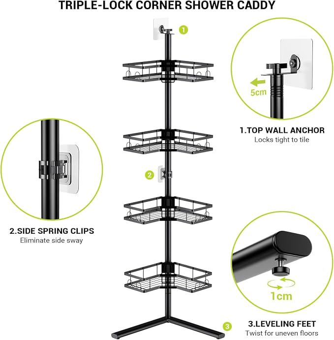 Standing Corner Shower Caddy - 4-Tier Rustproof Adjustable Shower Shelves | No Drill Floor Standing Shower Organizer, for Tall Shampoo, Conditioner, Fits Renters, Apartments, Bathtubs & Walk-in Showers
