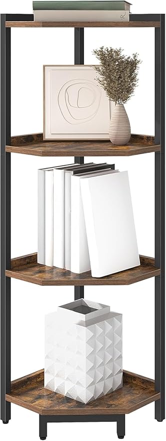 Hzuaneri Corner Shelf Stand 4-Tier Corner Bookshelf Storage Standing Shelf | Bookcase Plant Stand with Metal Frame for Living Room, Home Office, Bedroom, Black CS05801B