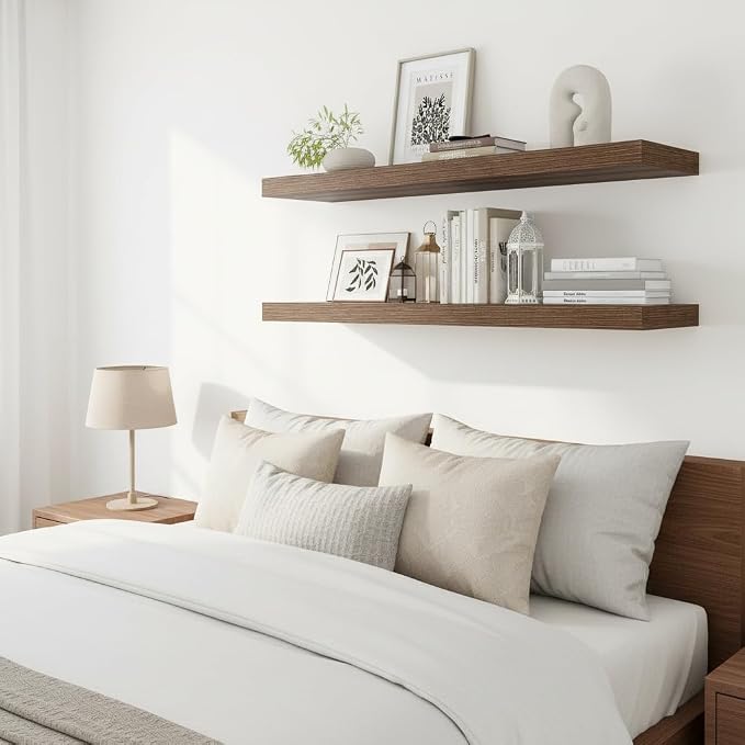 Vivelove Deep Floating Shelves 55x12” Set of 2, Walnut | Easy Install With Hardware, 2" Thick, Invisible Brackets, Wall Mounted, No Sagging, For Any Room