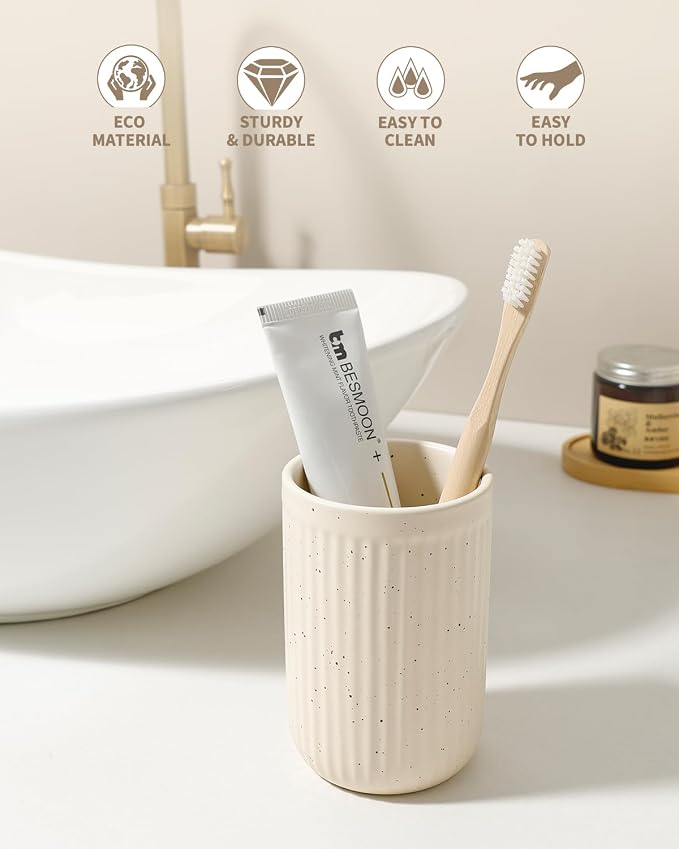 BosilunLife Ceramic Toothbrush Holder - 12oz Bathroom Toothbrush Holder Tooth Brush Holders Tumbler Cups Reusable Toothbrush Mouthwash Cup Small Toothbrush and Toothpaste Holder, Striped Apricot