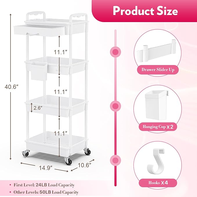 SUNALLY Makeup Cart Organizer with Drawer,4 Tier Rolling Makeup Cart, White | Rolling Vanity Storage for Skin Care Perfume Nail Polish, Floor Skincare Organizers Cosmetics Display Bathroom Storage Cart