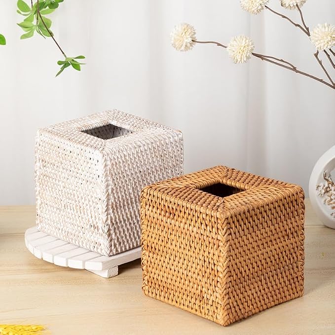 2 Pack Rattan Tissue Box Cover Square, Wicker Tissue Box Holder, Decorative Woven Facial Tissue Holder for Bathroom, Kitchen, Living Room, Bedroom (5.5 x 5.5 x 5.7 inch, Whitewash)