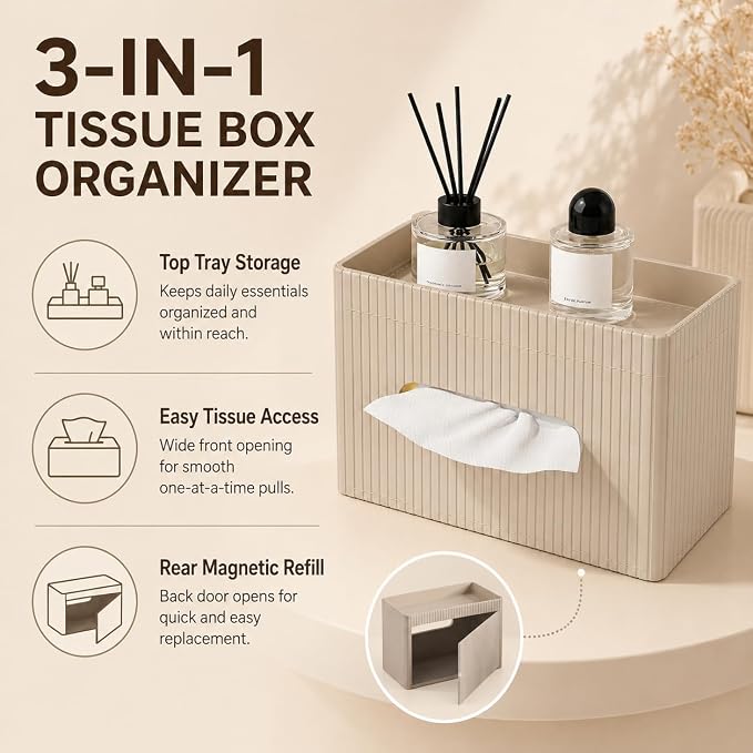 Ribbed PU Leather Tissue Box Cover with Storage Tray, Rectangular Facial Tissue Holder for Bathroom Vanity, Nightstand & Office Desk, Modern Decorative Tissue Dispenser (Warm Beige)
