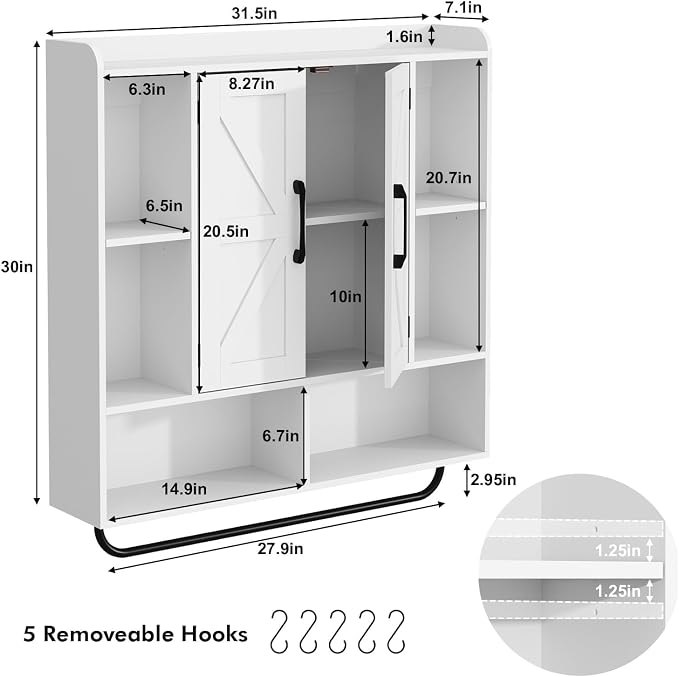 RUSTOWN Rustic Bathroom Wall Storage Cabinet with 2 Barn Doors, White | Farmhouse Medicine Cabinet, Wall Mounted, Space Saving, 3-Tier Adjustable Shelves, Towel Bar, 5 Hooks