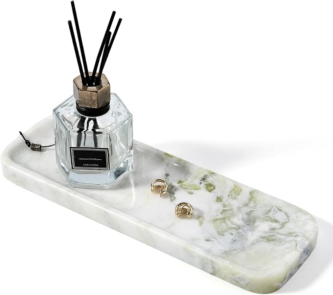 Marble Tray, 12"x4" Marble Vanity Tray for Bathroom Kitchen Countertop Sink, Natural Stone Tray for Home Decor, Decorative Rectangular Narrow Catchall Tray for Jewelry Perfume
