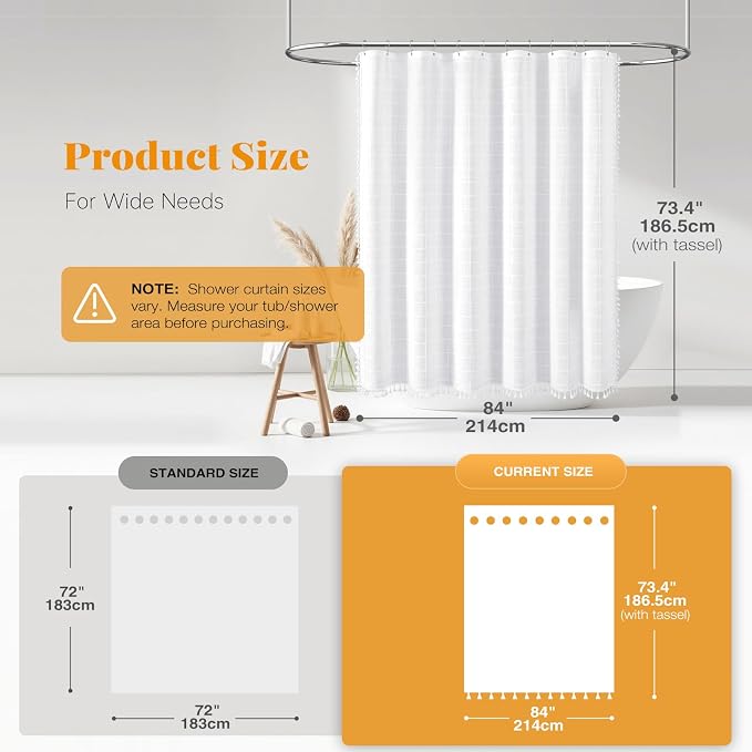 84x72 Boho Farmhouse Linen Heavy Duty Fabric Shower Curtain Set, White | Wide Size, 330GSM Linen Blend, 3-side Tassels, Water Repellent Cloth, 14 Plastic Hooks, Rustic Bohemian, Machine Washable