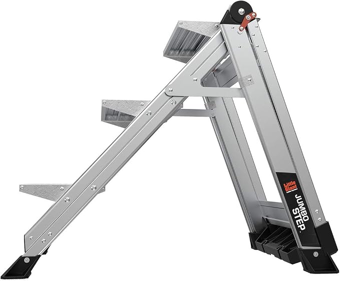 Little Giant Jumbo Step 3-Step Foldable 2.2 ft Aluminum Stool, 11903 | Foldable Aluminum Step Stool, Extra-Wide Stair-Like Treads, Rotating Handrail, Tool Tray, 375 lbs. Weight Capacity