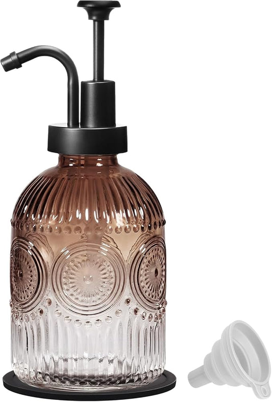 SheeChung 12oz Vintage Glass Soap Dispenser with Black Pump, Brown, 1 Pack | Refillable Dish and Hand Soap Dispenser for Bathroom Kitchen, Rustic Liquid Lotion Bottle,BPA-Free,Funnel,Mat,Farmhouse Decor