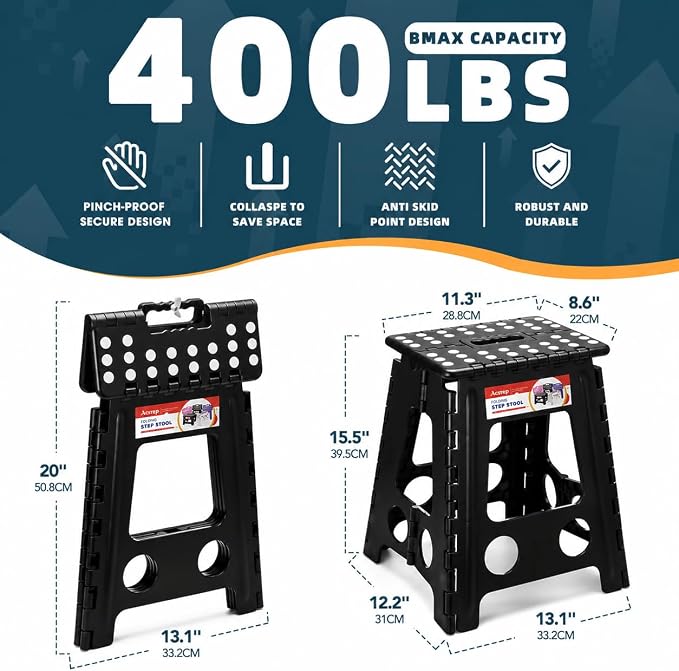 16 Inch Folding Step Stool, Heavy Duty, 400 lbs, Black | Lightweight Collapsible Stepping Stool for Adults with Handle, Non-Slip, for Kitchen, Bathroom, Bedroom and Outdoor Use