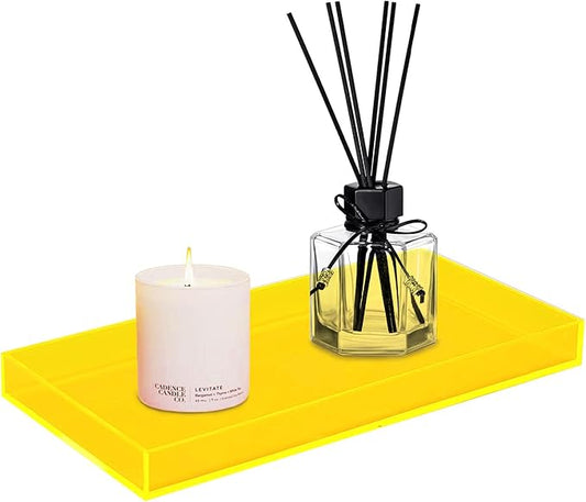 ROYALITA Acrylic Tray for Countertop, Guest Towel Holder Tray for Bathroom | Vanity Trays for Napkin Perfume Jewelry Makeup, Bathroom Tray for Soap Dispenser, Aromatherapy, Cup & Candle, Yellow