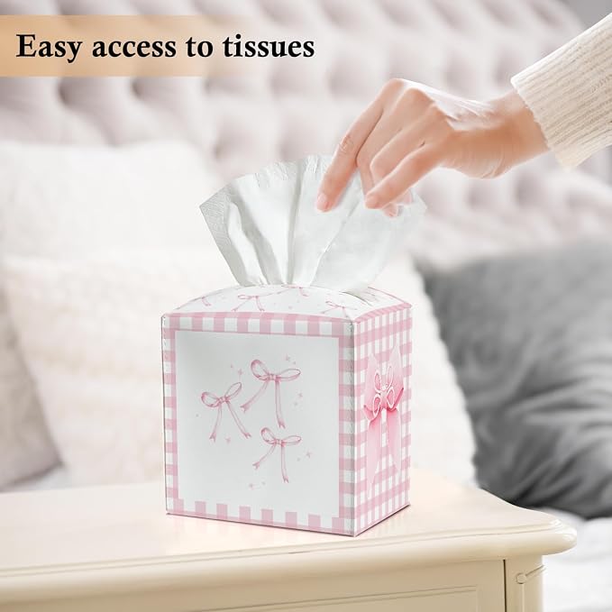 Pink Bow Tissue Box Covers Square, Pink and White Checkered Leather Tissue Box Holders Decorative for Car Nightstand Home Office Bathroom Organizer, Square Facial Paper Organizer Home Decor -018
