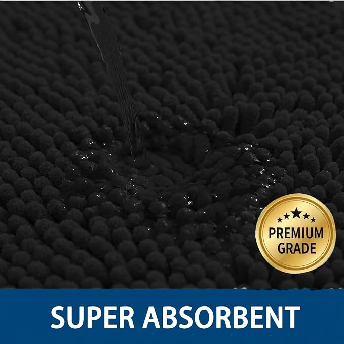 Bathroom Rugs Sets 2 Piece,Super Absorbent Chenille Bath Mats and U-Shaped Toilet Rug,Strong PVC Non Slip Backing,Microfiber Washable Dry Quickly Bath Mats for Bathroom(20"x32"+20"x20"U, Black)