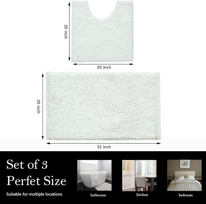 Bathroom Rugs Chenille Bath mat 2 Piece Set, Super Absorbent, Strong PVC Non Slip Backing, Bath mats for Bathroom, Plush Shaggy, Thick, Machine Washable, Bathtub, Shower, Toilet.(White)