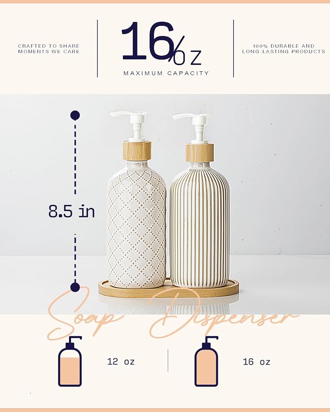 Getstar Hand and Dish Soap Dispenser Set, Ceramic Soap Dispenser for Bathroom and Kitchen with Rust Proof Pump and Bamboo Tray, Set of 2
