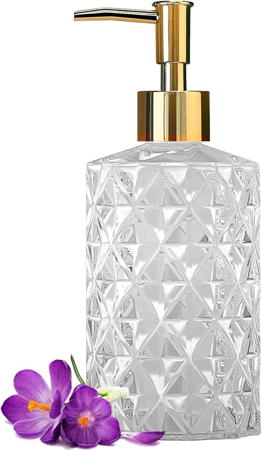 Crystal Glass Soap Dispenser, 330ml/11oz. Clear Glass Lotion Soap Dispenser with Gold Pump, Crystal Design Reusable Hand Soap Dispenser for Kitchen Dish Soap, Shower Gel, Shampoo(Gold Plating Pump)