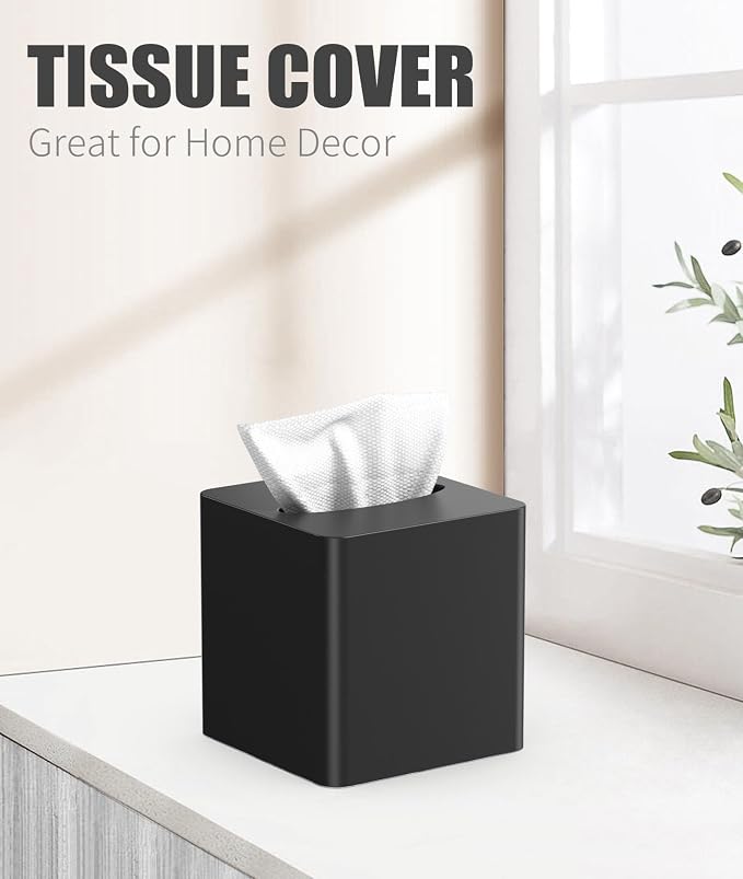 Livelab Tissue Box Cover Square - Oak Wood Tissue Box Holder for Living Room, Dinner Table, Bathroom, Office - Decorative Wooden Cube Facial Tissue Cover for Modern Farmhouse Home Decor | Black