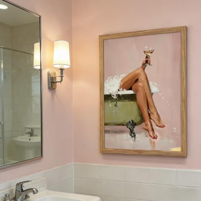 Framed Glam Pink Bubble Bath Canvas Wall Art Vintage Tub Martini Poster Print Elegant Woman Bathroom Wall Decor Picture for Girly Restroom Dorm Bath Room Decoration