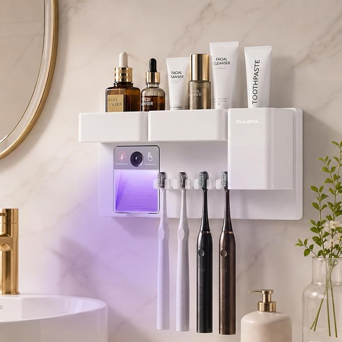 Toothbrush Holders for Bathrooms Toothbrush Holders Wall Mounted with Magnetic Night Light-4 Toothbrush Slots, 3 Independent Storage Compartments Bathroom Decor All-in-One Organizers Accessories White