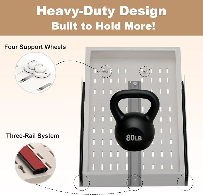 Fokyfok Pull out Cabinet Organizer,11"-17"W,25"-32"D,Expandable,Adhesive | No Drill,3 Rails,Adjustable Slide out Drawers for Kitchen,Pantry,Roll out Shelves,for Cabinets Without Lip,Bathroom,White,1PC