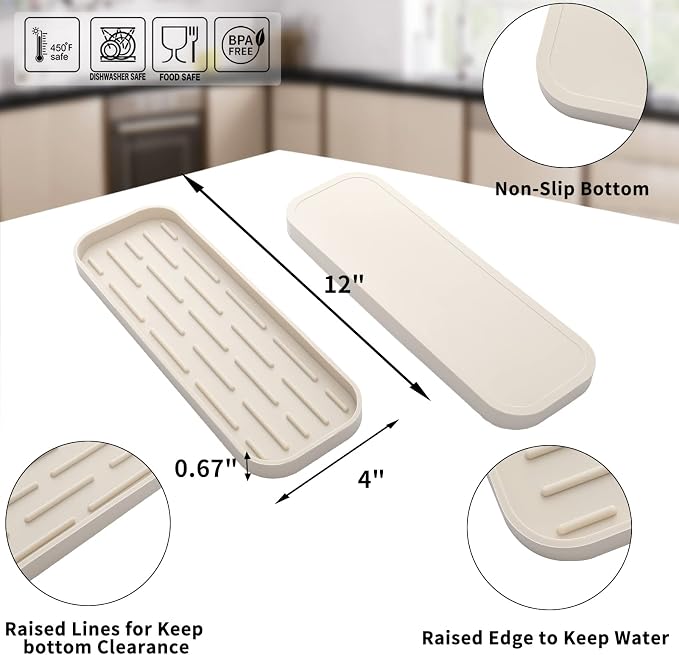 MicoYang Silicone Kitchen Sink Organizer Tray for Multiple Usage,Eco-Friendly Sponges Holder for Kitchen Bathroom Counter or Sink,Dish Soap Dispenser,Scrubber,Bottle,Cup (Tapioca, 12"×4")
