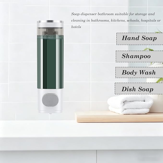 10oz/300ml Single Manual Wall Mounted Soap Dispenser, Silver & White | Bathroom Shampoo and Conditioner Dispenser, Clear Plastic Refillable Liquid Lotion Pump Dispenser and Organizer