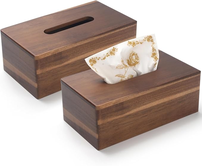 Tissue Box Cover Rectangle, Wood Tissue Box Holder, Wooden Facial Paper Holder for Bathroom, Bedroom, Dinner Table, Office (2 Pack, 9.8 x 5.5 x 3.7 inch)